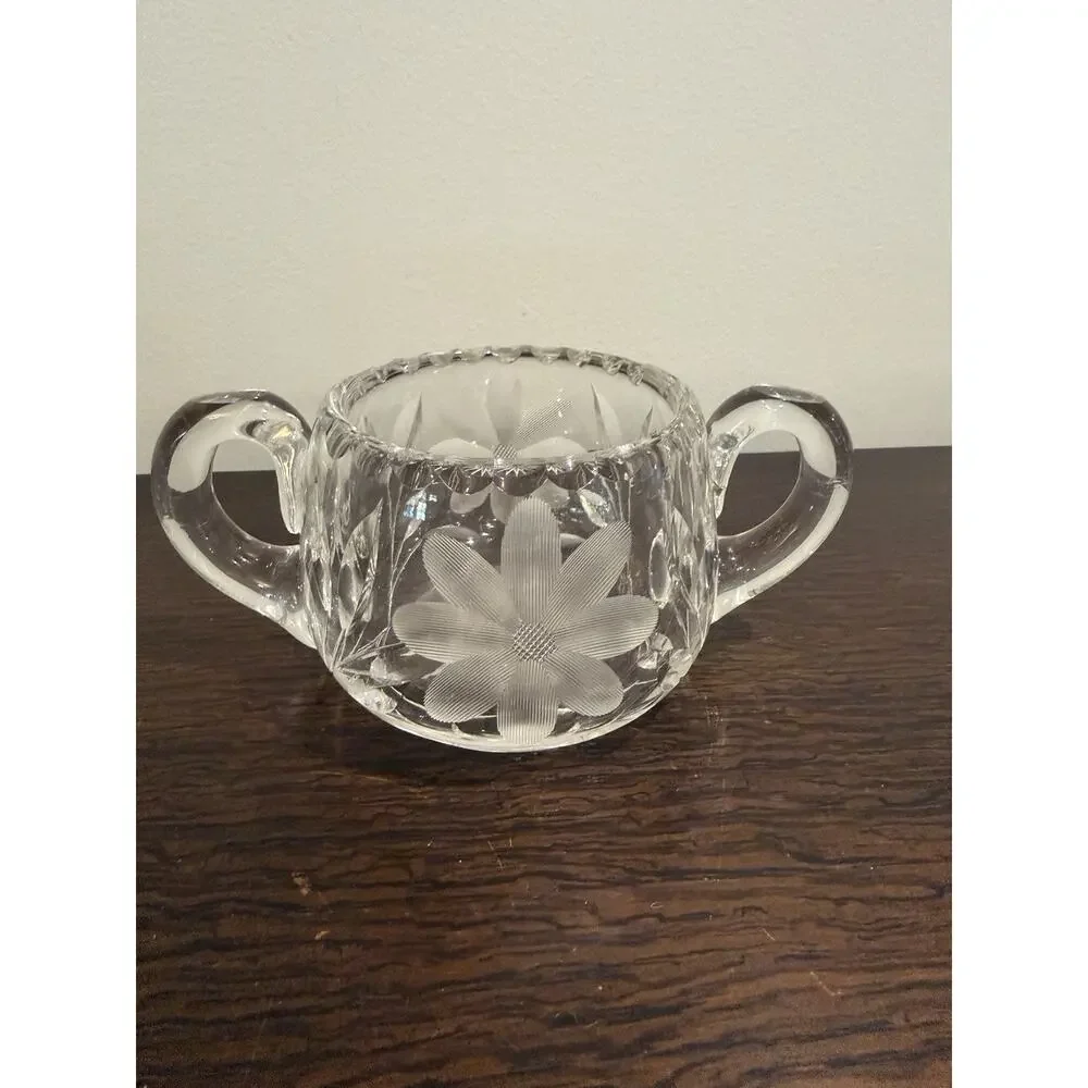 Vintage Cut Glass Crystal Clear Creamer and Sugar Bowl with Etched Flowers